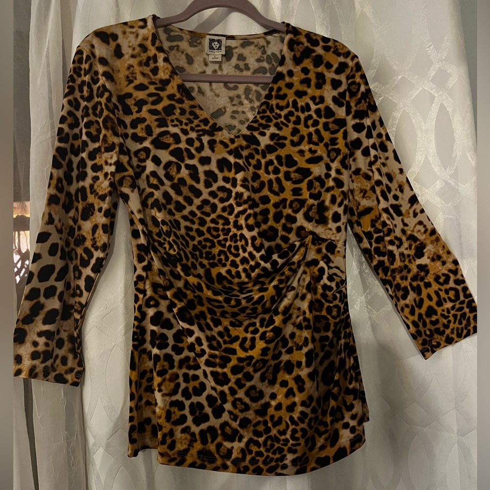 Anne Klein Animal Print Blouse Faux Wrap with Ruching at Waist size L